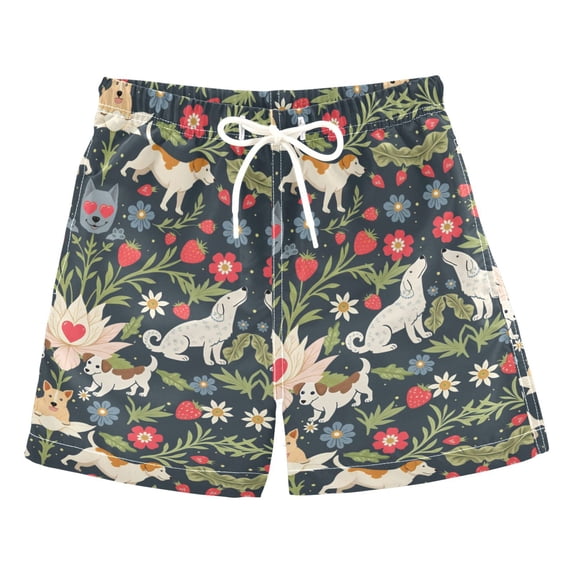 FORMRS Boys Swim Trunks Quick Dry Mesh Lining Beach Boardshorts, Sizes XS-XL, Floral Dogs Pattern