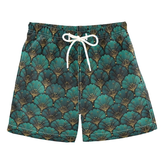 FORMRS Boys Swim Trunks Quick Dry Mesh Lining Beach Boardshorts, Sizes XS-XL, Green Art Abstract Pattern