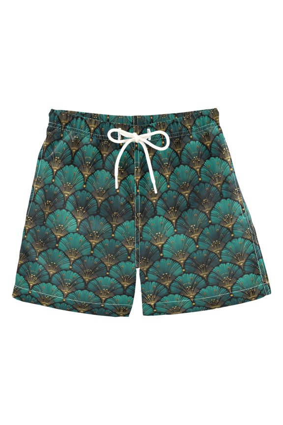 Boys Swim Trunks Quick Dry Mesh Lining Beach Boardshorts, Sizes XS-XL, Green Art Abstract Pattern