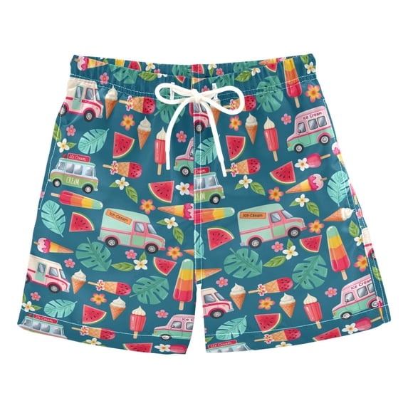 FORMRS Boys Swim Trunks Quick Dry Mesh Lining Beach Boardshorts, Sizes XS-XL, Green Cartoon Truck Pattern