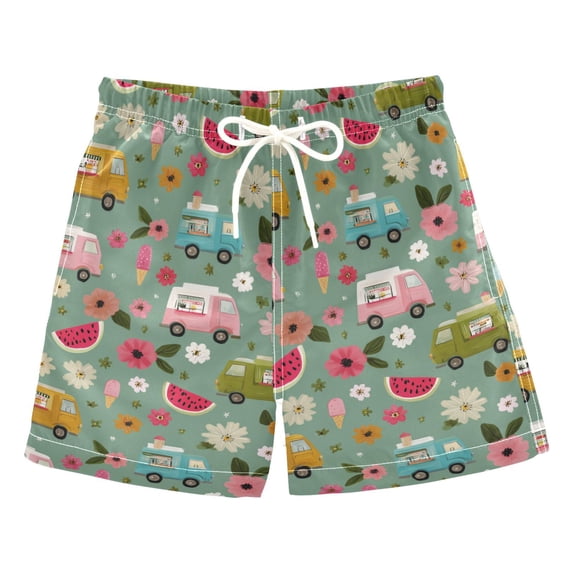 FORMRS Boys Swim Trunks Quick Dry Mesh Lining Beach Boardshorts, Sizes XS-XL, Green Cartoon Trucks Pattern
