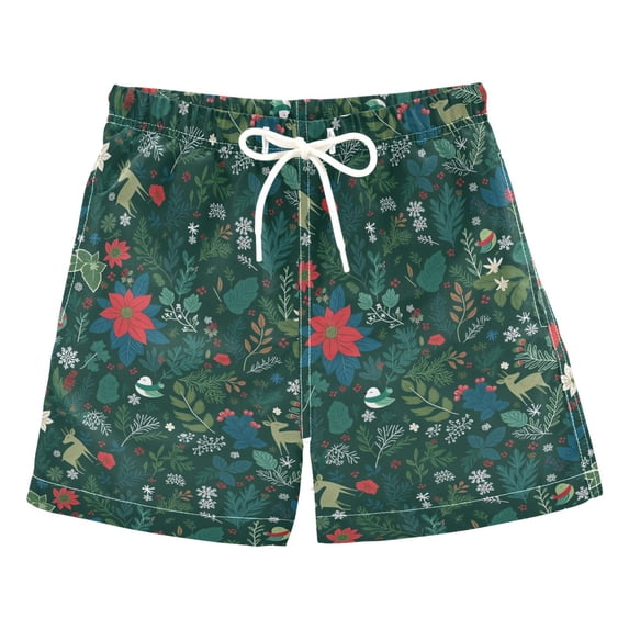 FORMRS Boys Swim Trunks Quick Dry Mesh Lining Beach Boardshorts, Sizes XS-XL, Green Christmas Forest