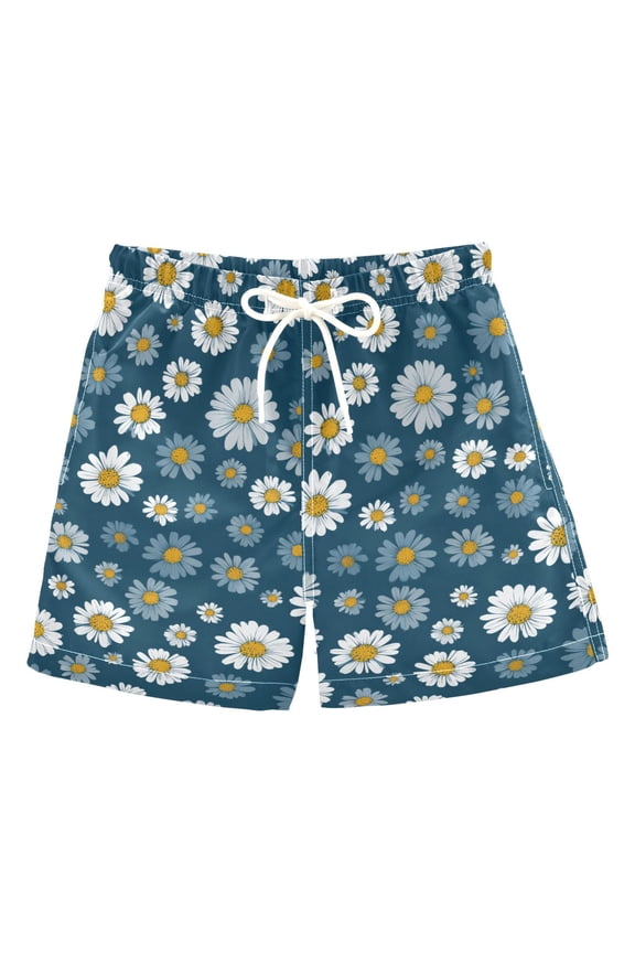 Boys Swim Trunks Quick Dry Mesh Lining Beach Boardshorts, Sizes XS-XL, Green Daisy Pattern
