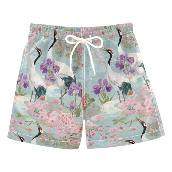 FORMRS Boys Swim Trunks Quick Dry Mesh Lining Beach Boardshorts, Sizes XS-XL, Green Floral Cranes Pattern