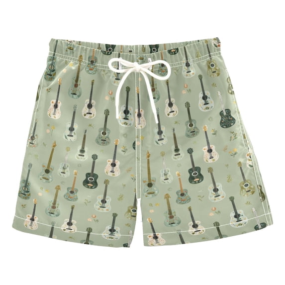 FORMRS Boys Swim Trunks Quick Dry Mesh Lining Beach Boardshorts, Sizes XS-XL, Green Floral Guitar Pattern