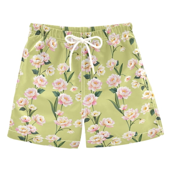 FORMRS Boys Swim Trunks Quick Dry Mesh Lining Beach Boardshorts, Sizes XS-XL, Green Flowers Pattern