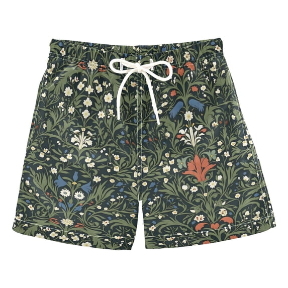 FORMRS Boys Swim Trunks Quick Dry Mesh Lining Beach Boardshorts, Sizes XS-XL, Green Flowers Pattern