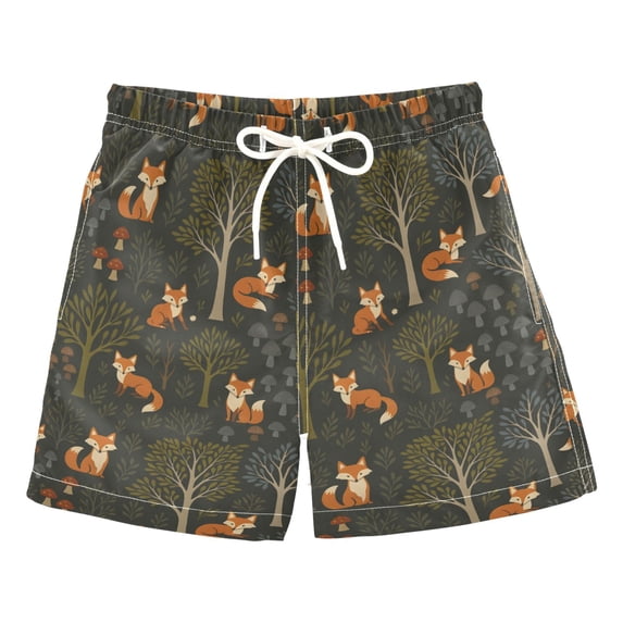 FORMRS Boys Swim Trunks Quick Dry Mesh Lining Beach Boardshorts, Sizes XS-XL, Green Forest Fox Pattern