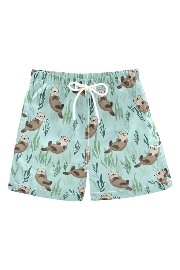 Boys Swim Trunks Quick Dry Mesh Lining Beach Boardshorts, Sizes XS-XL, Green Otters Pattern