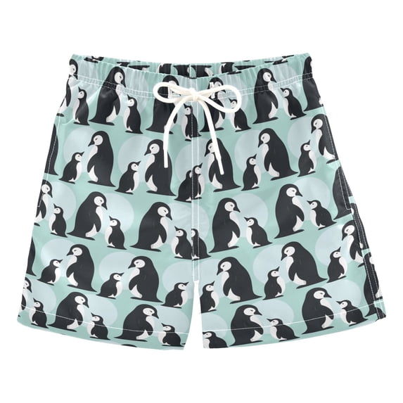 FORMRS Boys Swim Trunks Quick Dry Mesh Lining Beach Boardshorts, Sizes XS-XL, Green Penguins Pattern