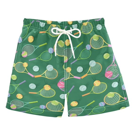 FORMRS Boys Swim Trunks Quick Dry Mesh Lining Beach Boardshorts, Sizes XS-XL, Green Tennis Pattern