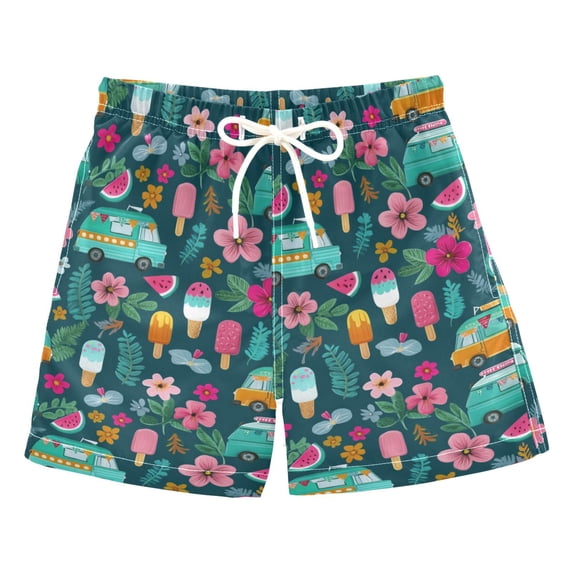 FORMRS Boys Swim Trunks Quick Dry Mesh Lining Beach Boardshorts, Sizes XS-XL, Green Vibrant Truck Pattern