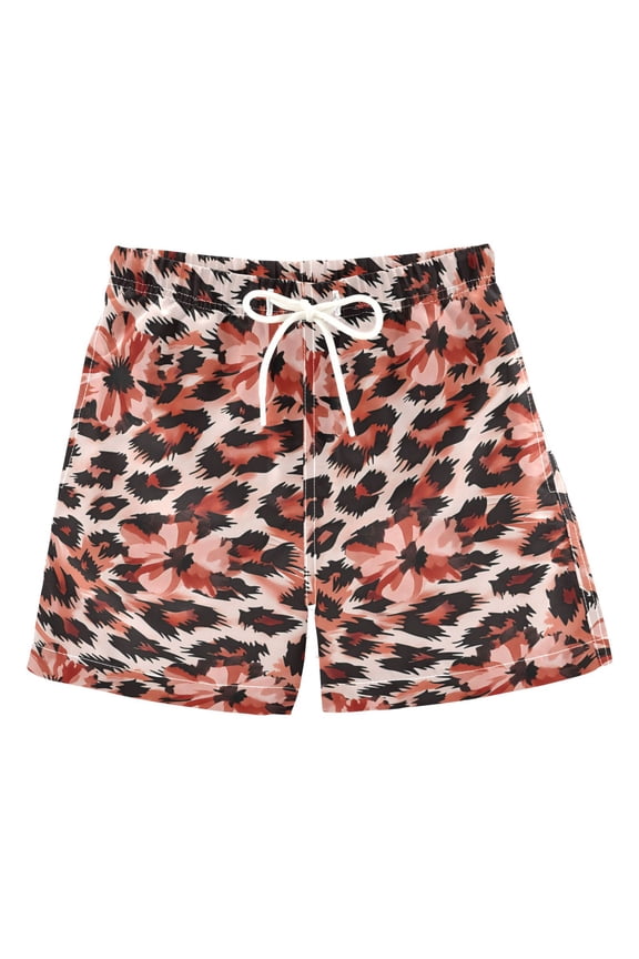 FORMRS Boys Swim Trunks Quick Dry Mesh Lining Beach Boardshorts, Sizes XS-XL, Orange Floral Leopard Pattern