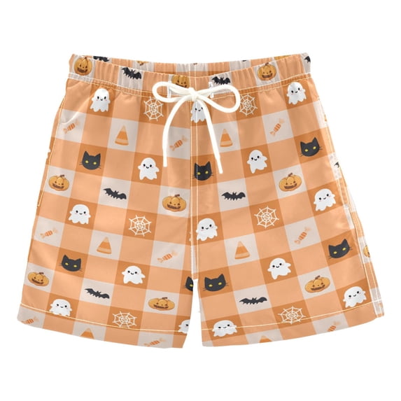 FORMRS Boys Swim Trunks Quick Dry Mesh Lining Beach Boardshorts, Sizes XS-XL, Orange Ghost Plaid Pattern