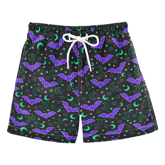 FORMRS Boys Swim Trunks Quick Dry Mesh Lining Beach Boardshorts, Sizes XS-XL, Purple Cartoon Bats Pattern