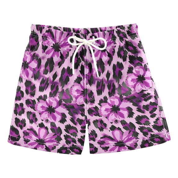 FORMRS Boys Swim Trunks Quick Dry Mesh Lining Beach Boardshorts, Sizes XS-XL, Purple Floral Leopard Pattern
