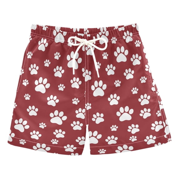 FORMRS Boys Swim Trunks Quick Dry Mesh Lining Beach Boardshorts, Sizes XS-XL, Red Cartoon Paws Pattern