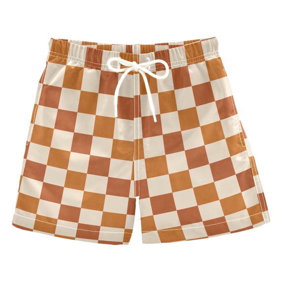 FORMRS Boys Swim Trunks Quick Dry Mesh Lining Beach Boardshorts, Sizes XS-XL, Rusty Orange Plaid