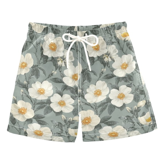 FORMRS Boys Swim Trunks Quick Dry Mesh Lining Beach Boardshorts, Sizes XS-XL, Sage Green Flower Pattern