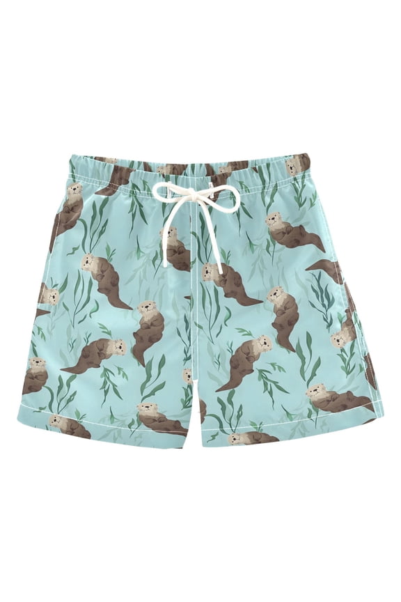 Boys Swim Trunks Quick Dry Mesh Lining Beach Boardshorts, Sizes XS-XL, Swimming Otters Pattern
