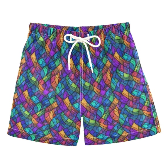 FORMRS Boys Swim Trunks Quick Dry Mesh Lining Beach Boardshorts, Sizes XS-XL, Vibrant Stained Glass Pattern