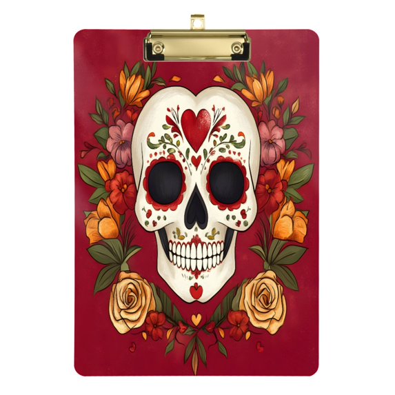 FORMRS Acrylic Clipboard with Low Profile Clip Standard A4 Letter Size, 12.5" x 9", Skull Flower