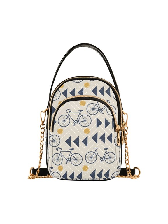 Crossbody Bag for Women Quilted Travel Shoulder Cell Phone Purse with Chain Strap Handbag, Beige Bike Pattern