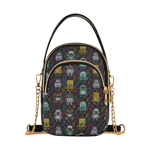 FORMRS Crossbody Bag for Women Quilted Travel Shoulder Cell Phone Purse with Chain Strap Handbag, Black Cartoon Robot Pattern