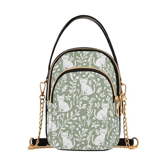 FORMRS Crossbody Bag for Women Quilted Travel Shoulder Cell Phone Purse with Chain Strap Handbag, Green Floral Cat Pattern