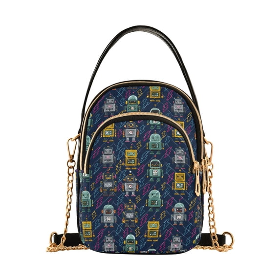 FORMRS Crossbody Bag for Women Quilted Travel Shoulder Cell Phone Purse with Chain Strap Handbag, Navy Blue Cartoon Robot Pattern