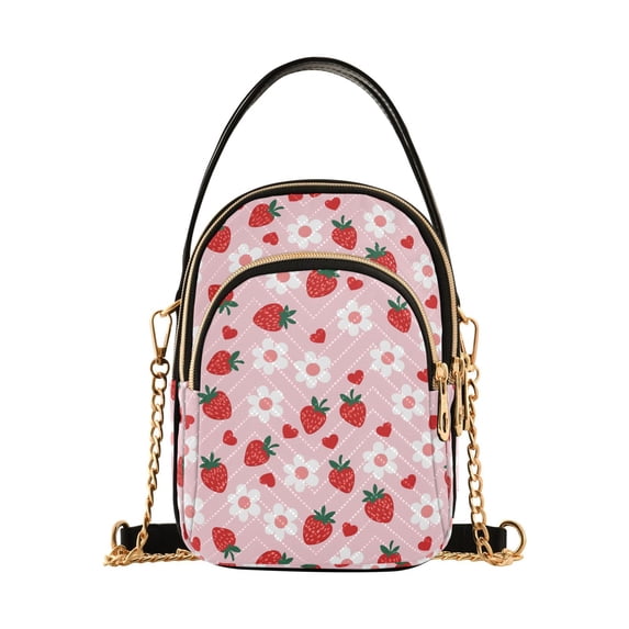 FORMRS Crossbody Bag for Women Quilted Travel Shoulder Cell Phone Purse with Chain Strap Handbag, Pink Floral Strawberry Pattern