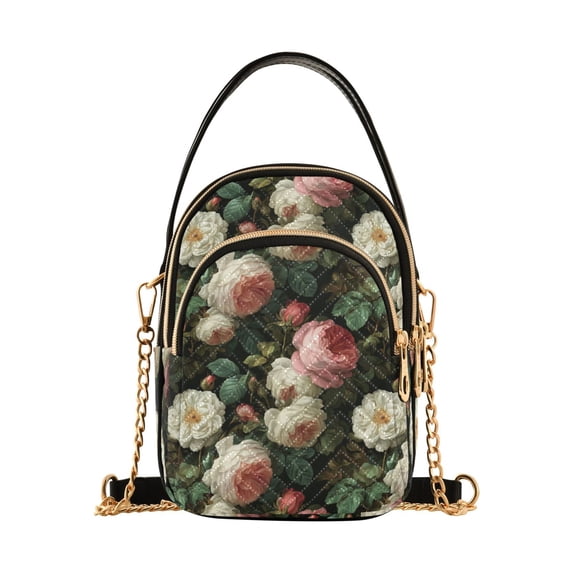 FORMRS Crossbody Bag for Women Quilted Travel Shoulder Cell Phone Purse with Chain Strap Handbag, White and Pink Roses