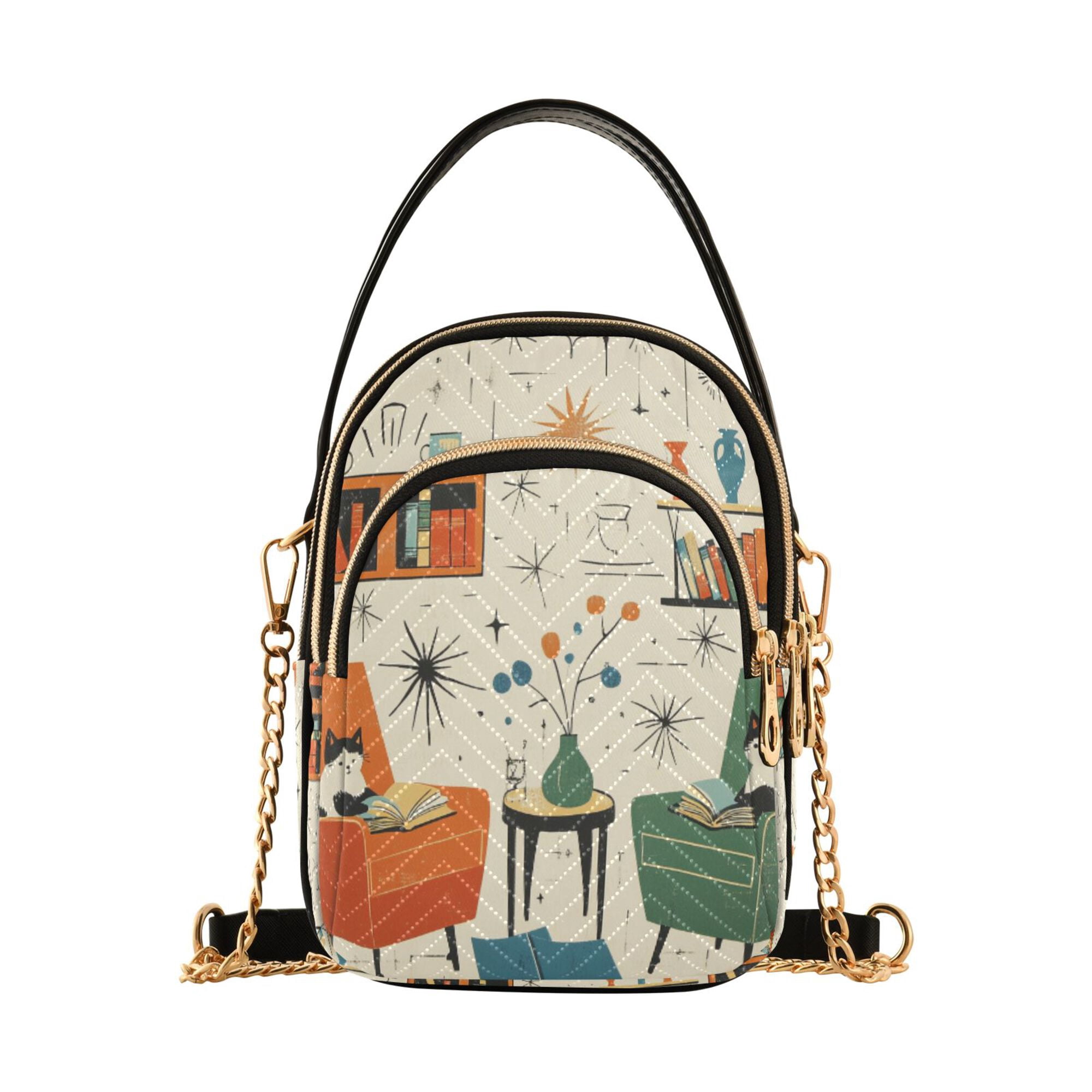 FORMRS Crossbody Bag for Women Quilted Travel Shoulder Cell Phone Purse with Chain Strap Handbag, Beige Cats Reading