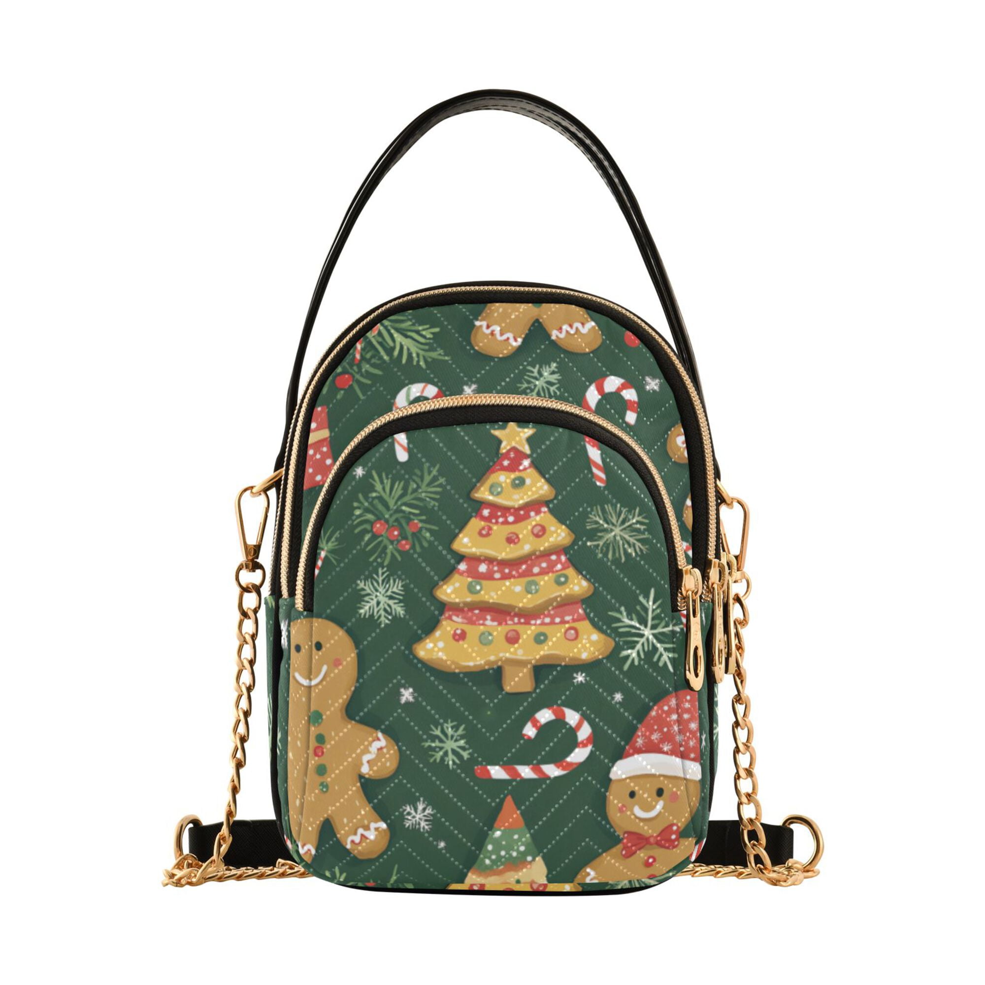 FORMRS Crossbody Bag for Women Quilted Travel Shoulder Cell Phone Purse with Chain Strap Handbag, Beige Christmas Gingerbread