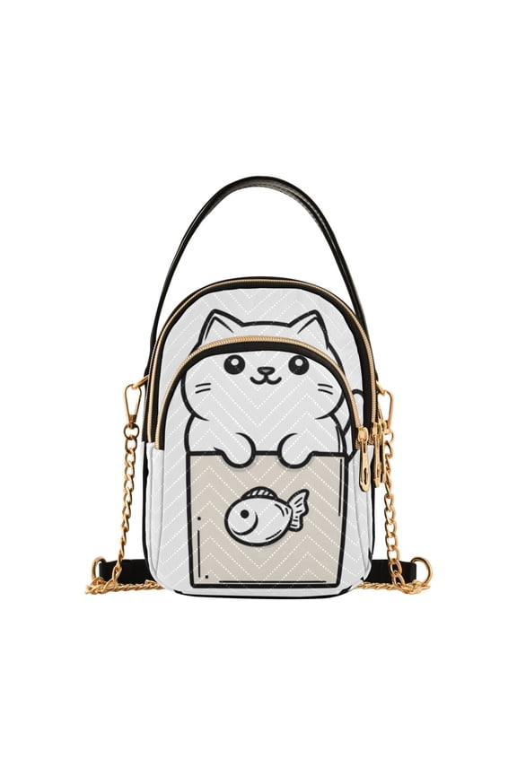 Crossbody Bag for Women Quilted Travel Shoulder Cell Phone Purse with Chain Strap Handbag, Beige Chubby Cat