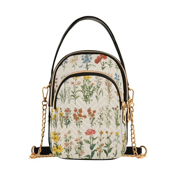 FORMRS Crossbody Bag for Women Quilted Travel Shoulder Cell Phone Purse with Chain Strap Handbag, Beige Wildflowers