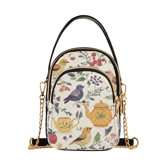 FORMRS Crossbody Bag for Women Quilted Travel Shoulder Cell Phone Purse with Chain Strap Handbag, Birds and Teapots