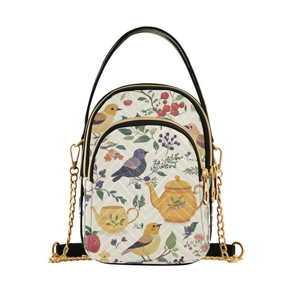 FORMRS Crossbody Bag for Women Shoulder Cell Phone Purse with Zipper, Birds and Teapots