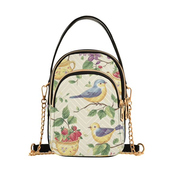 FORMRS Crossbody Bag for Women Quilted Travel Shoulder Cell Phone Purse with Chain Strap Handbag, Birds with Strawberries