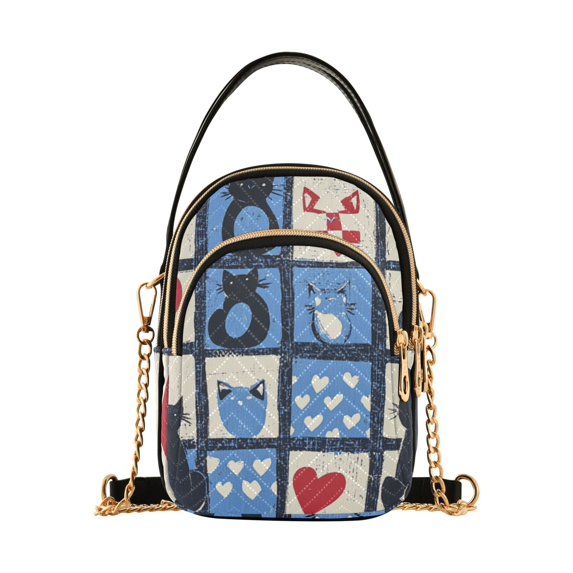 FORMRS Crossbody Bag for Women Quilted Travel Shoulder Cell Phone Purse with Chain Strap Handbag, Black Cats and Hearts