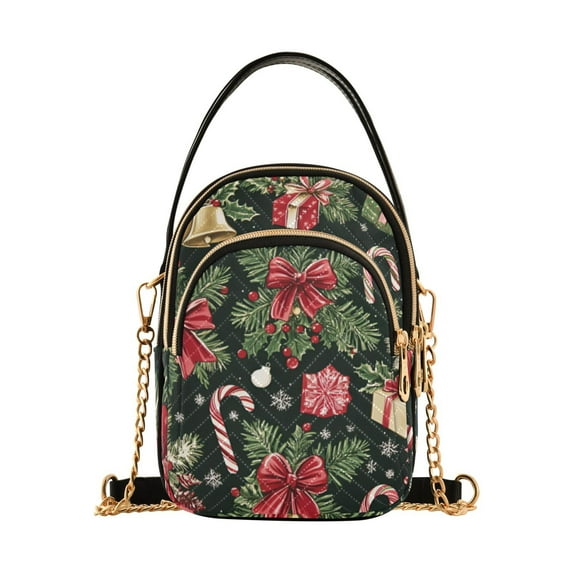 FORMRS Crossbody Bag for Women Quilted Travel Shoulder Cell Phone Purse with Chain Strap Handbag, Black Christmas Holly
