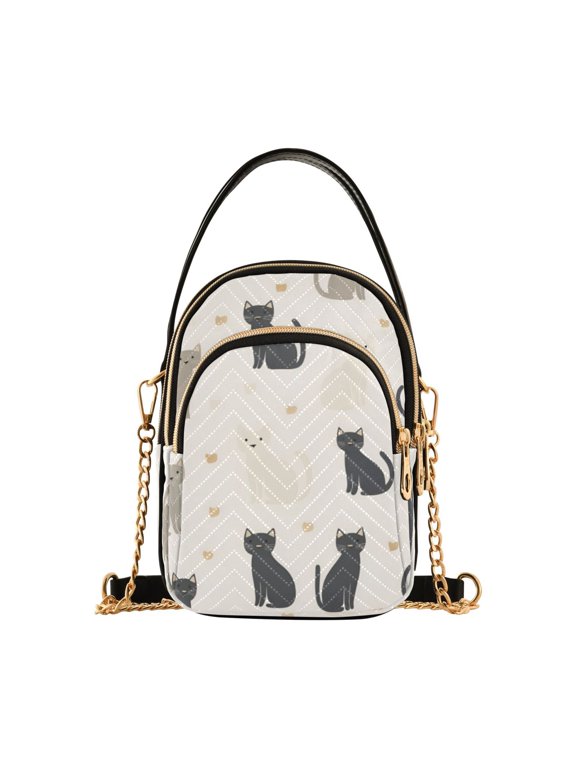 Crossbody Bag for Women Quilted Travel Shoulder Cell Phone Purse with Chain Strap Handbag, Black Cute Cats