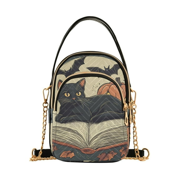 FORMRS Crossbody Bag for Women Quilted Travel Shoulder Cell Phone Purse with Chain Strap Handbag, Black Halloween Cat