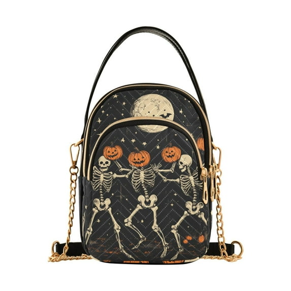 FORMRS Crossbody Bag for Women Quilted Travel Shoulder Cell Phone Purse with Chain Strap Handbag, Black Halloween Dancing Skeleton
