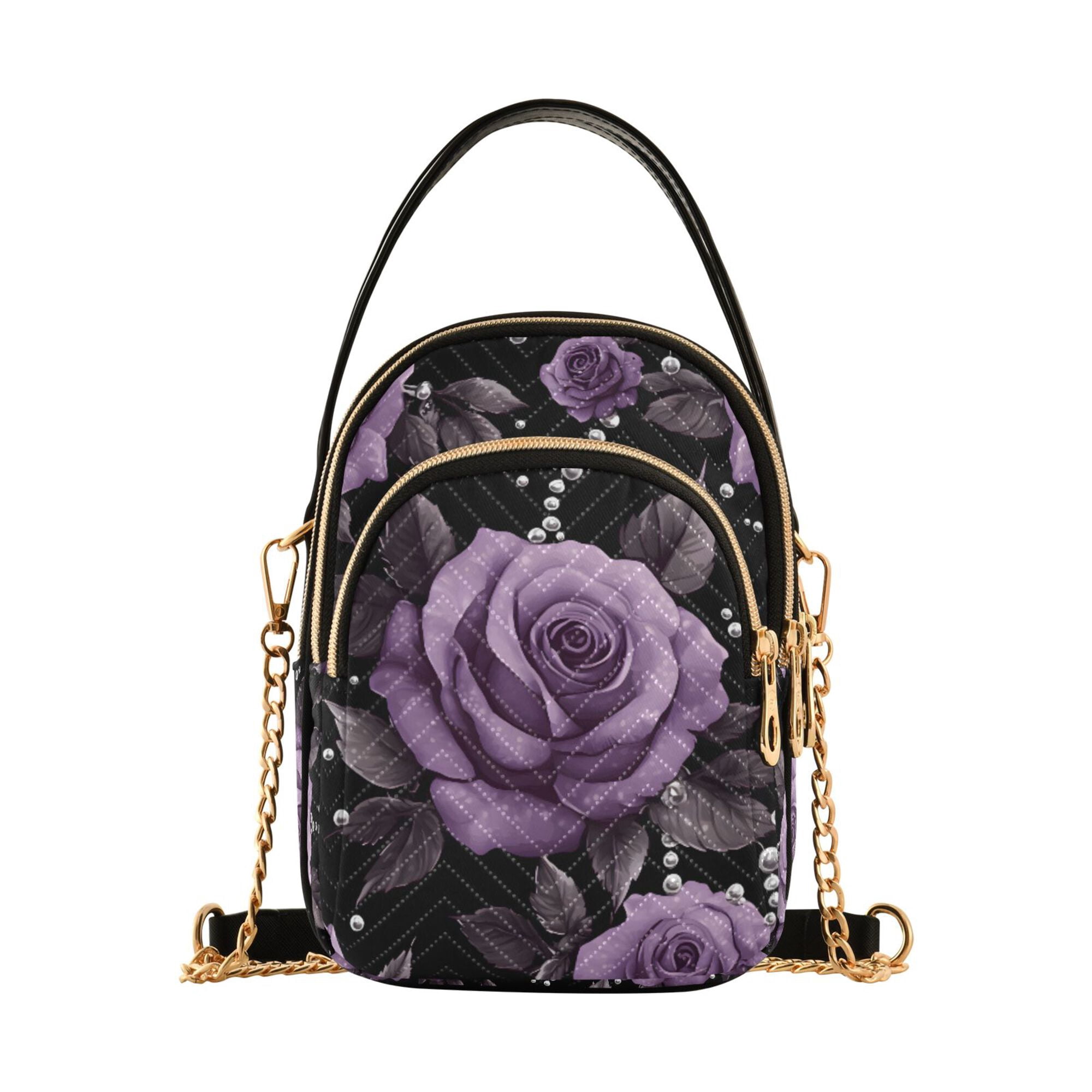 FORMRS Crossbody Bag for Women Quilted Travel Shoulder Cell Phone Purse with Chain Strap Handbag, Black Roses