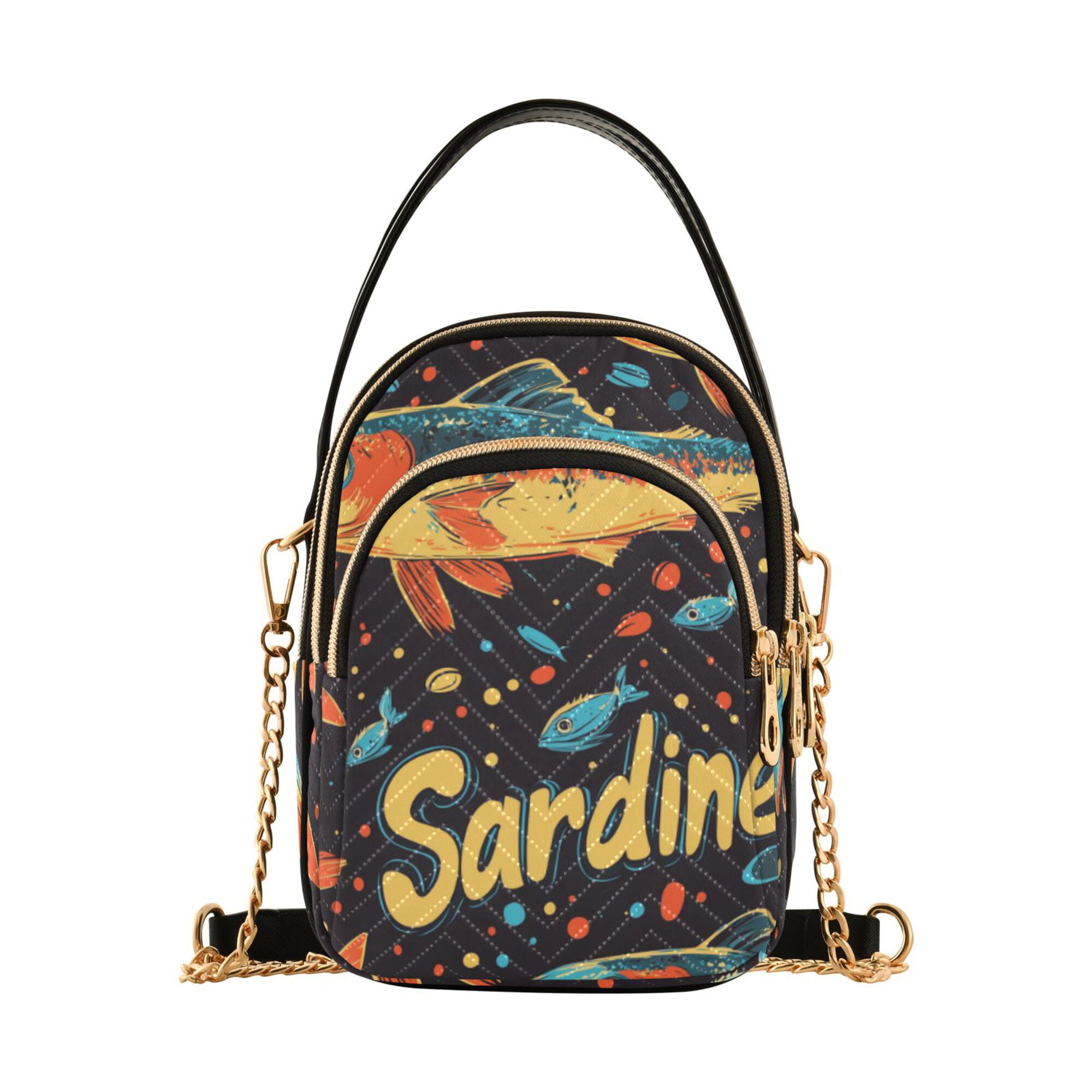 FORMRS Crossbody Bag for Women Quilted Travel Shoulder Cell Phone Purse with Chain Strap Handbag, Black Sardines Pattern
