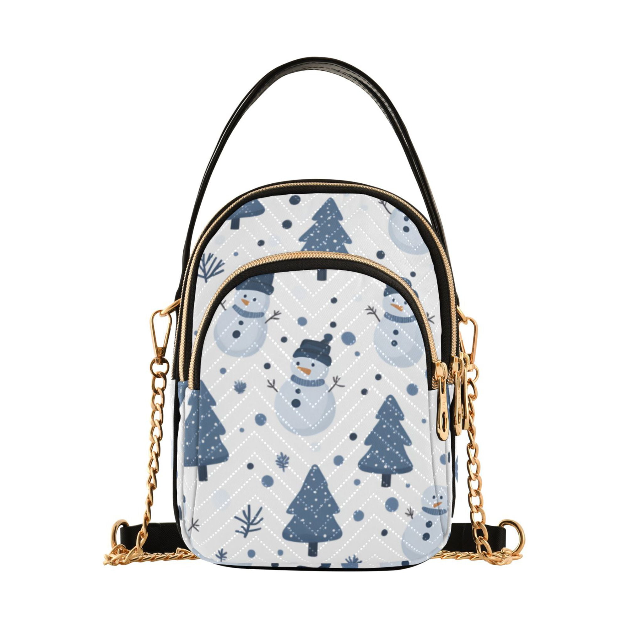 FORMRS Crossbody Bag for Women Quilted Travel Shoulder Cell Phone Purse with Chain Strap Handbag, Blue Cute Snowmen