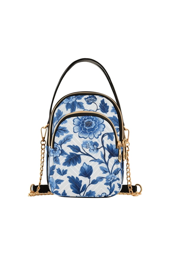Crossbody Bag for Women Quilted Travel Shoulder Cell Phone Purse with Chain Strap Handbag, Blue Floral Pattern
