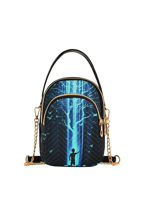 Crossbody Bag for Women Quilted Travel Shoulder Cell Phone Purse with Chain Strap Handbag, Blue Tree