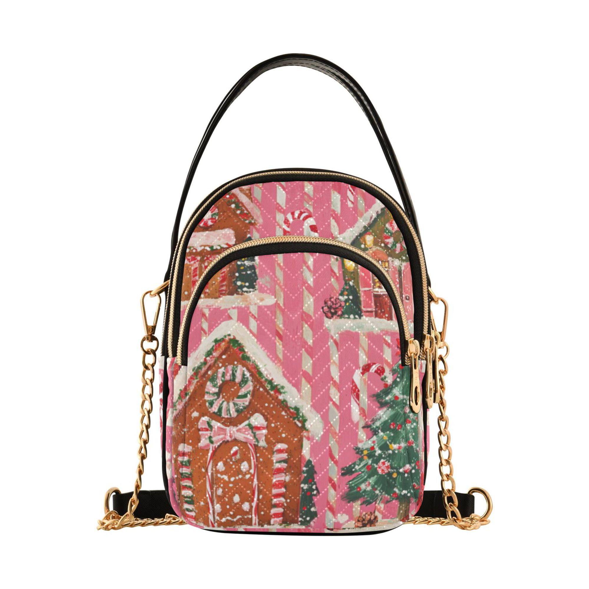 FORMRS Crossbody Bag for Women Quilted Travel Shoulder Cell Phone Purse with Chain Strap Handbag, Brown Gingerbread Houses